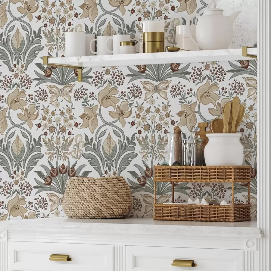 wall murals Decorative lilies and a butterfly on a white background a00500v1