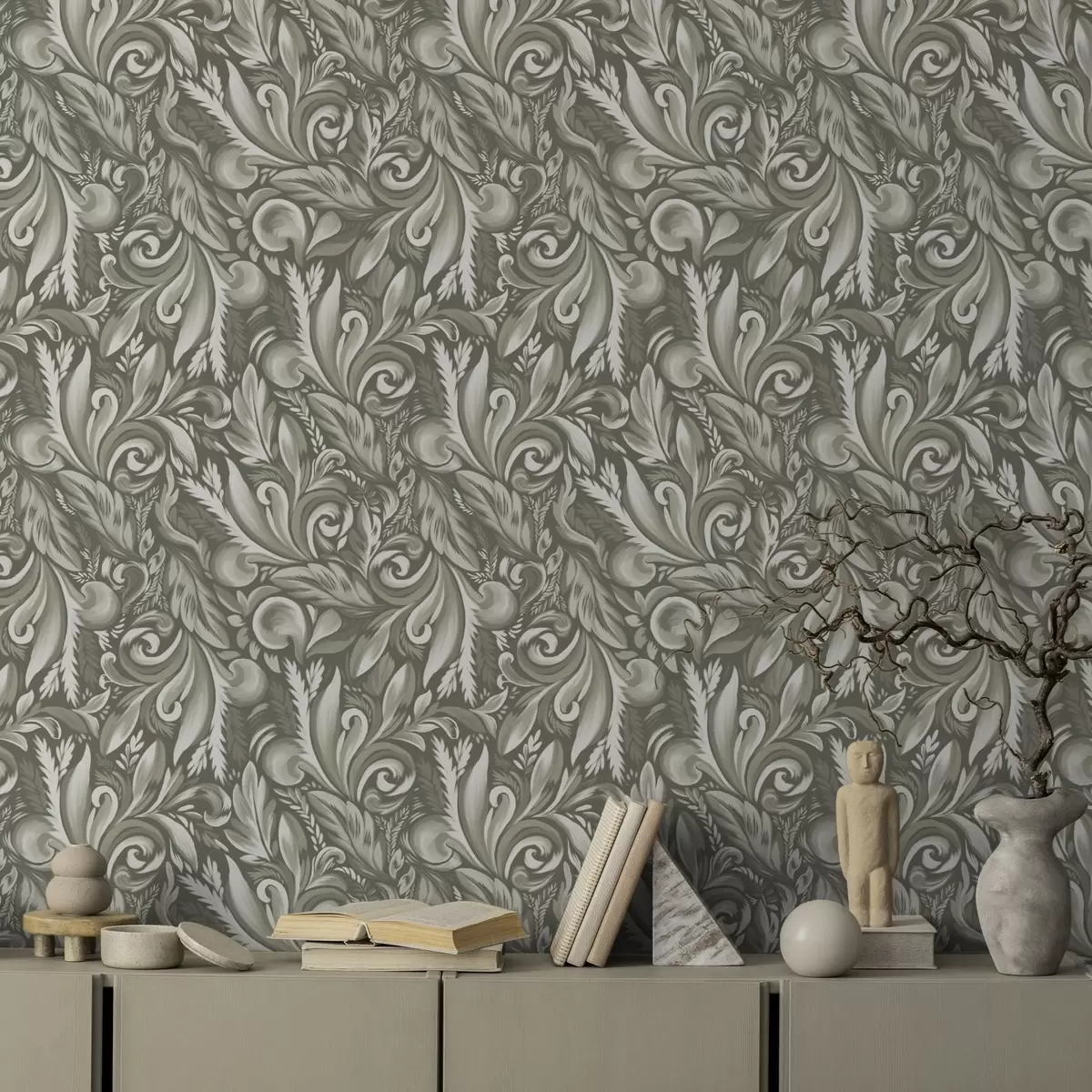 Wallpaper Acanthus scrolls in an olive-beige palette a00501