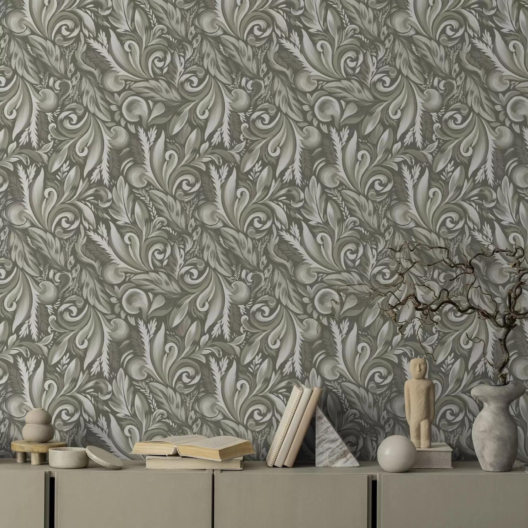 wall murals Acanthus scrolls in an olive-beige palette a00501