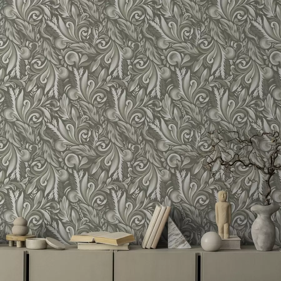 wall murals Acanthus scrolls in an olive-beige palette a00501