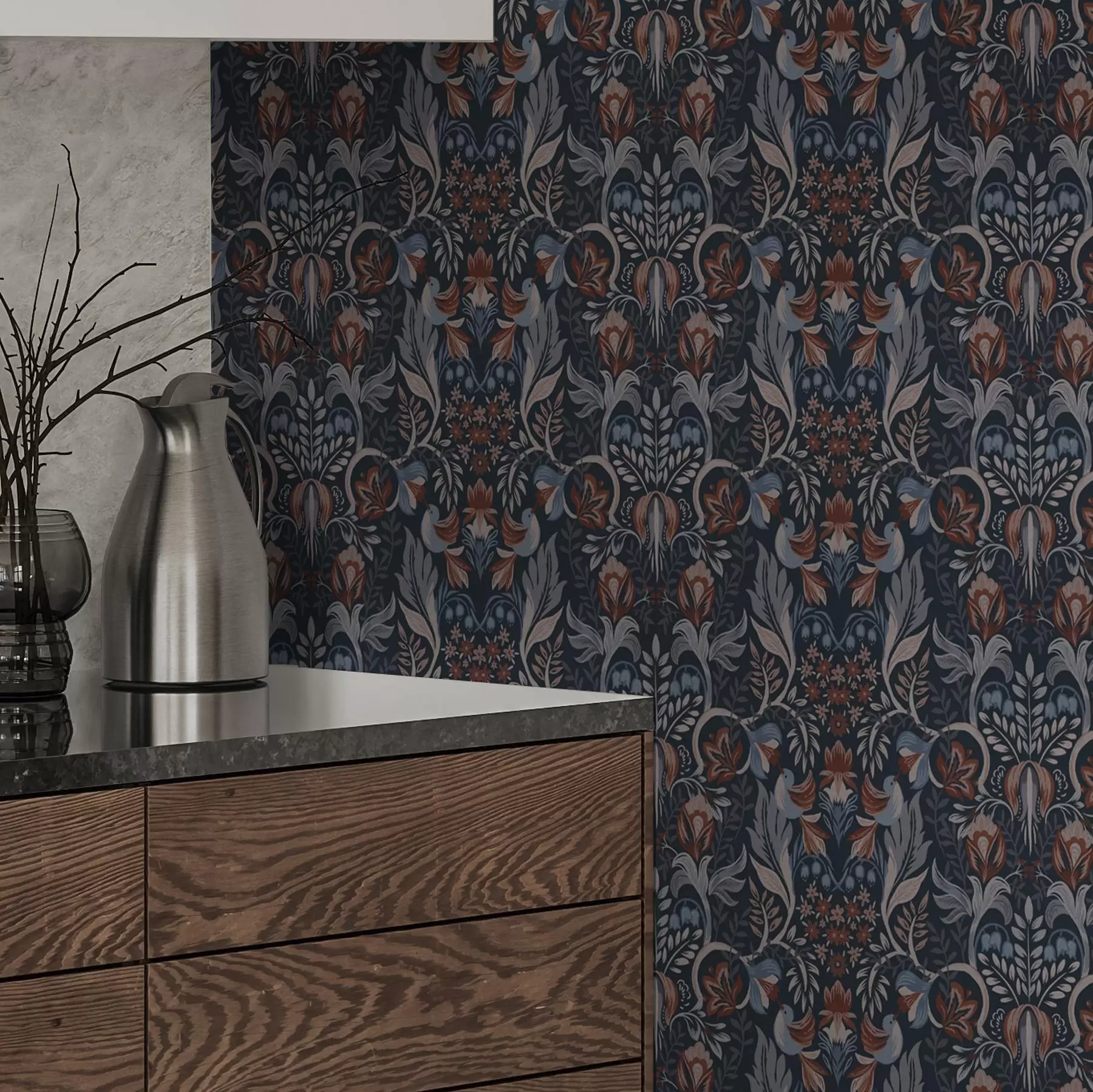 wall murals Folk ornament with birds, deep indigo a00502v1