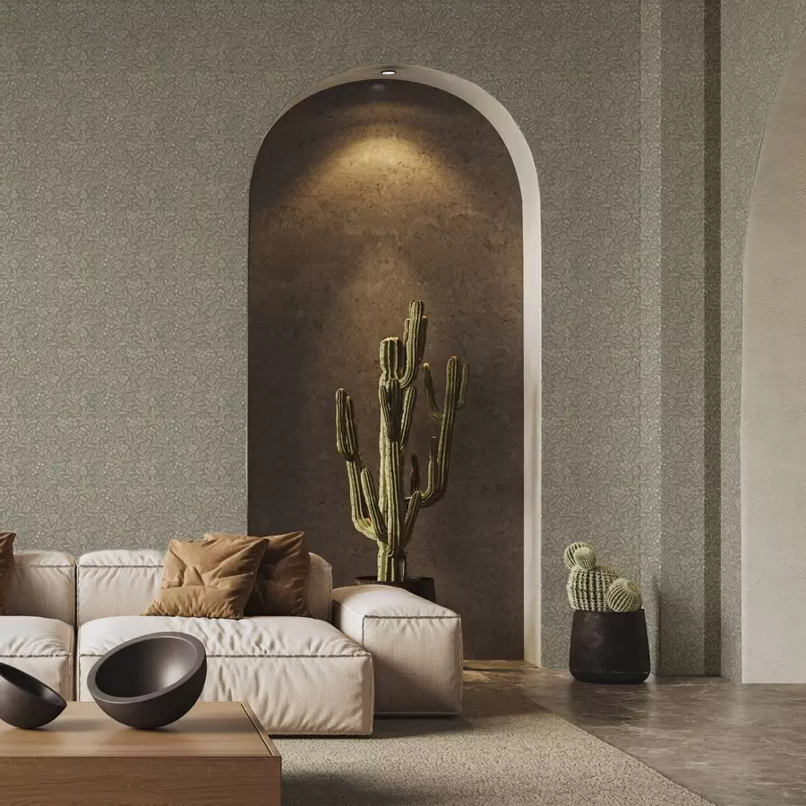 wall murals Morris style: beige branches on a gray-green background a00569