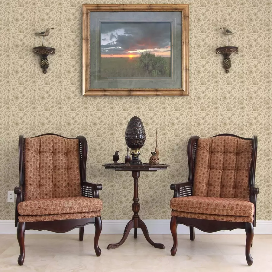 wall murals Rabbits and birds in a floral pattern a00571