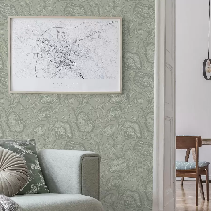 wall murals Line-art poppies on a gray-green background a00572v1