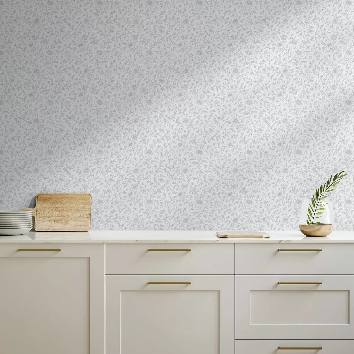 Wallpaper Fine blue line-art flowers on an off-white background a00576