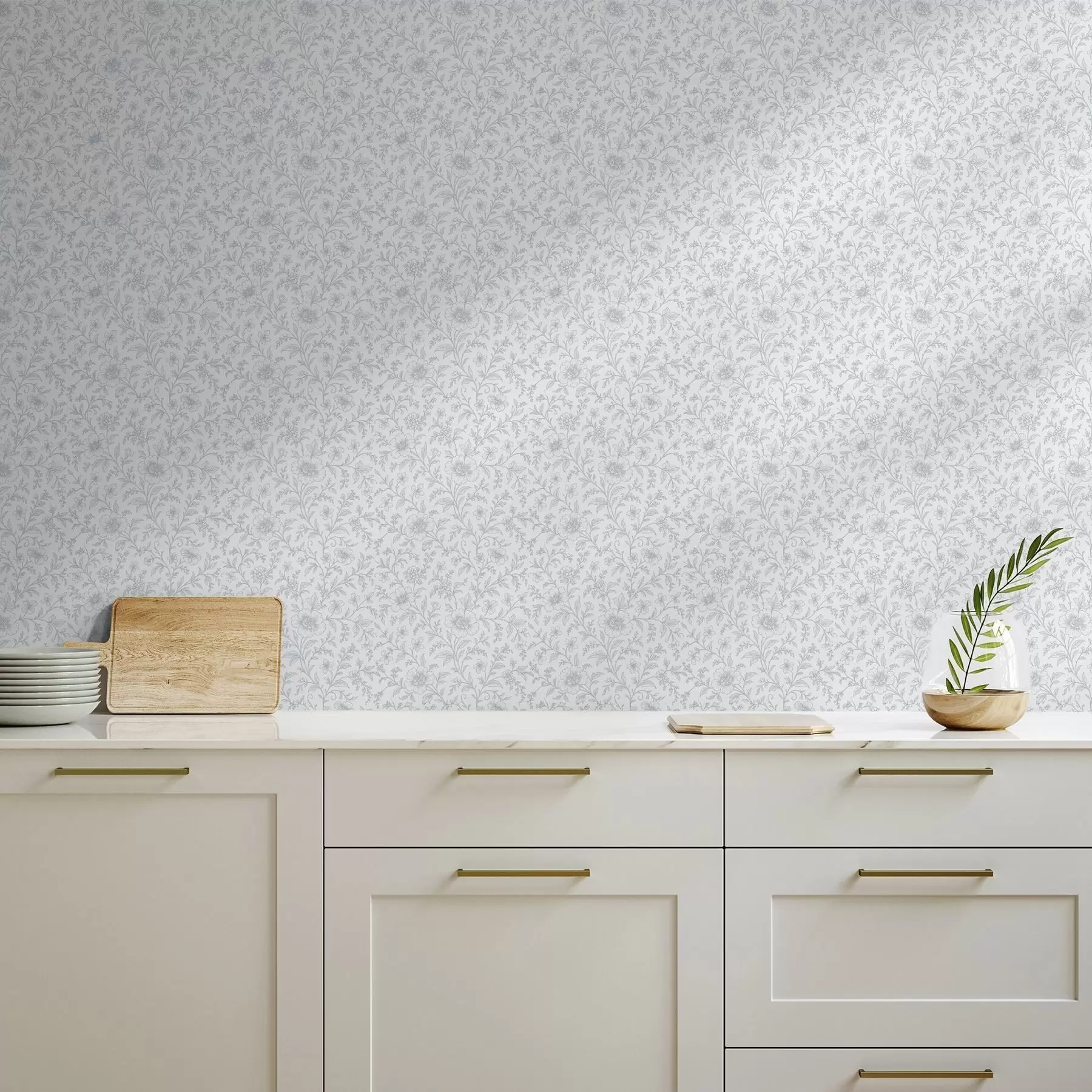 wall murals Fine blue line-art flowers on an off-white background a00576