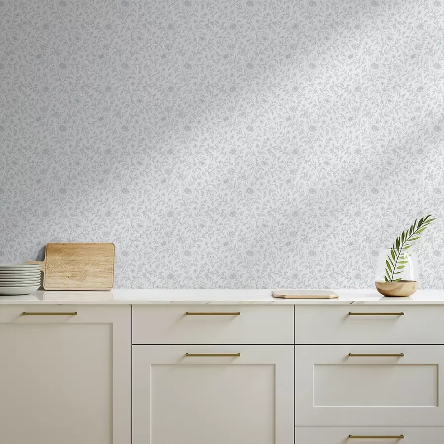 wall murals Fine blue line-art flowers on an off-white background a00576