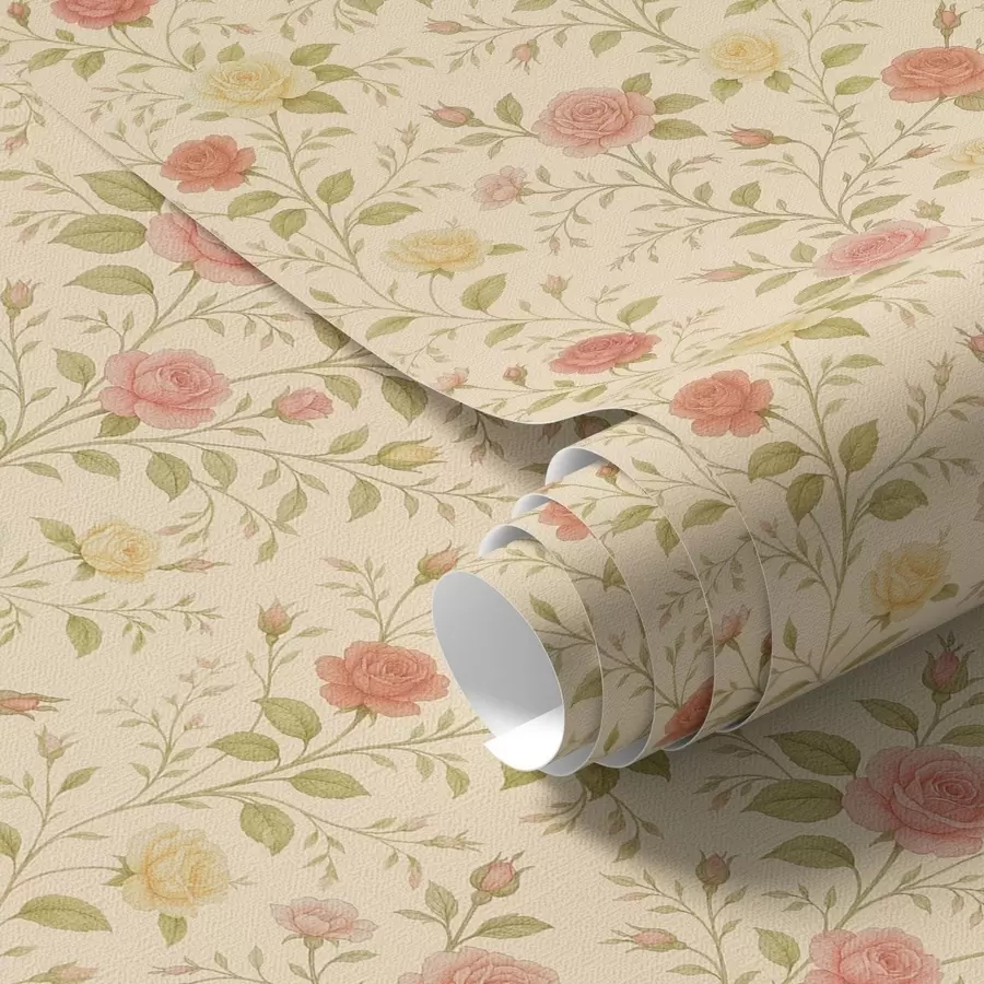 wall murals Vintage roses in peach and yellow on a cream background a00577