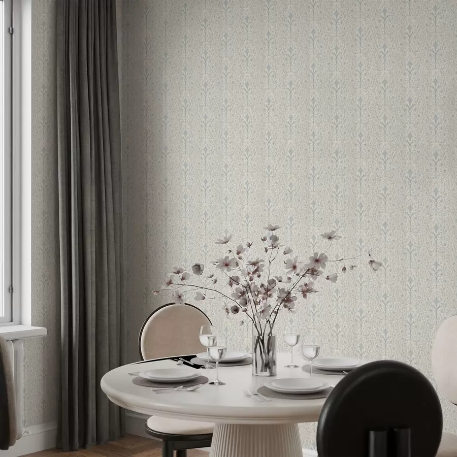 wall murals Blue damask with scrolls on a cream background a00578