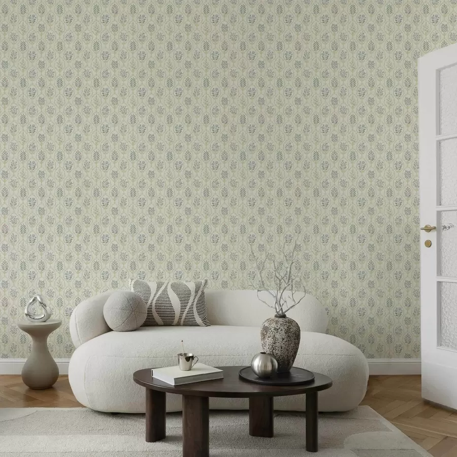 wall murals Botanical medallions in a lattice, pastel tones a00579