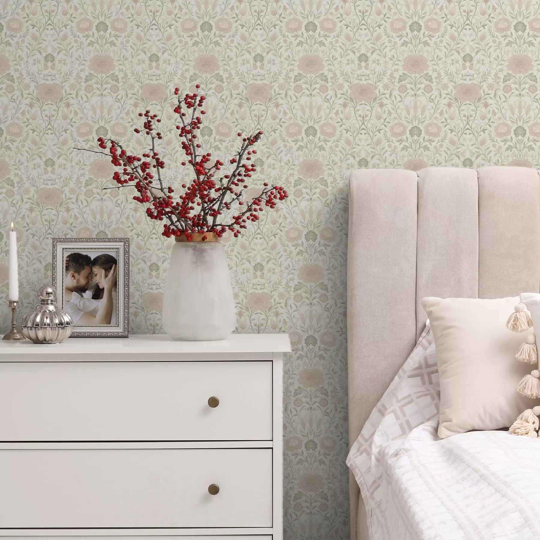 wall murals Morris style: peonies and grasses in soft beige-greens a00581