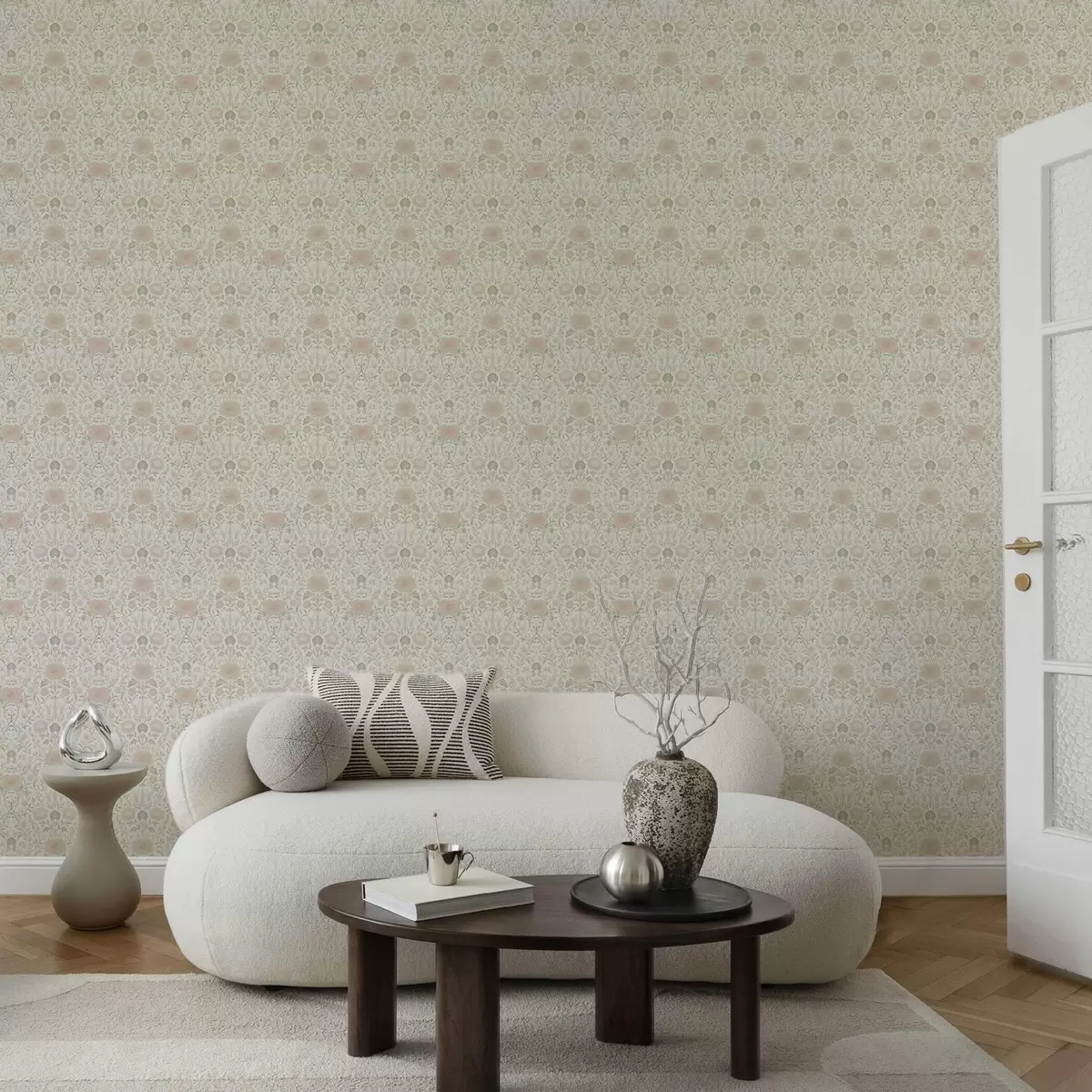 Wallpaper Morris style: peonies and grasses in soft beige-greens a00581
