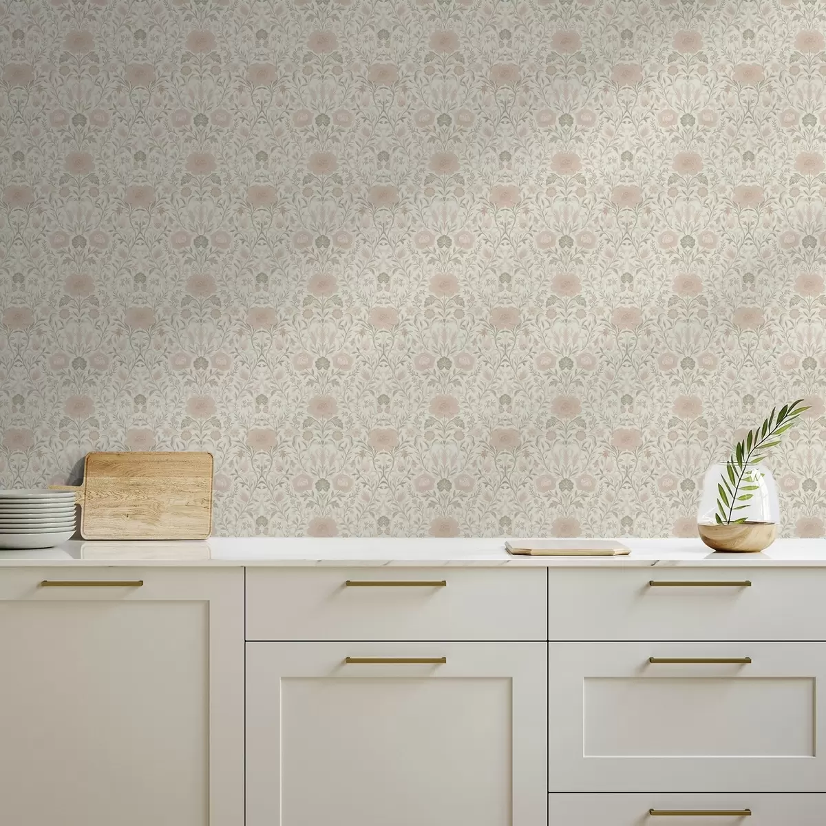 Wallpaper Morris style: peonies and grasses in soft beige-greens a00581