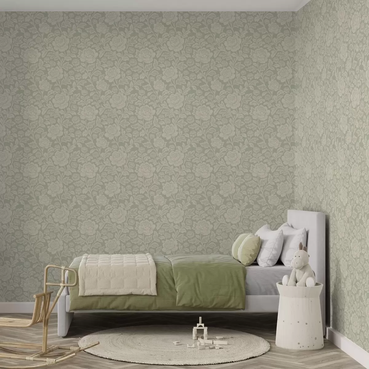 Wallpaper Large line-art peonies on a sage background a00582