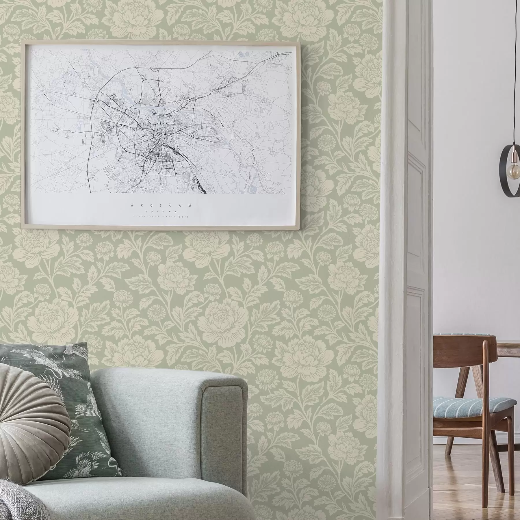 wall murals Large line-art peonies on a sage background a00582