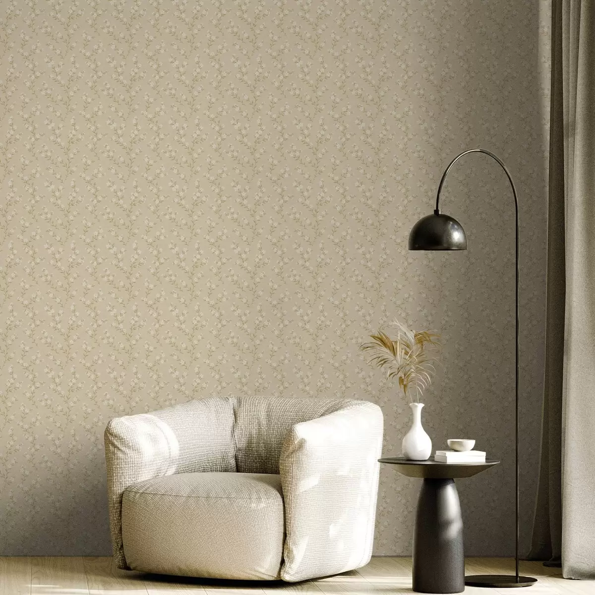 Wallpaper Small white sprigs on a beige linen background a00584