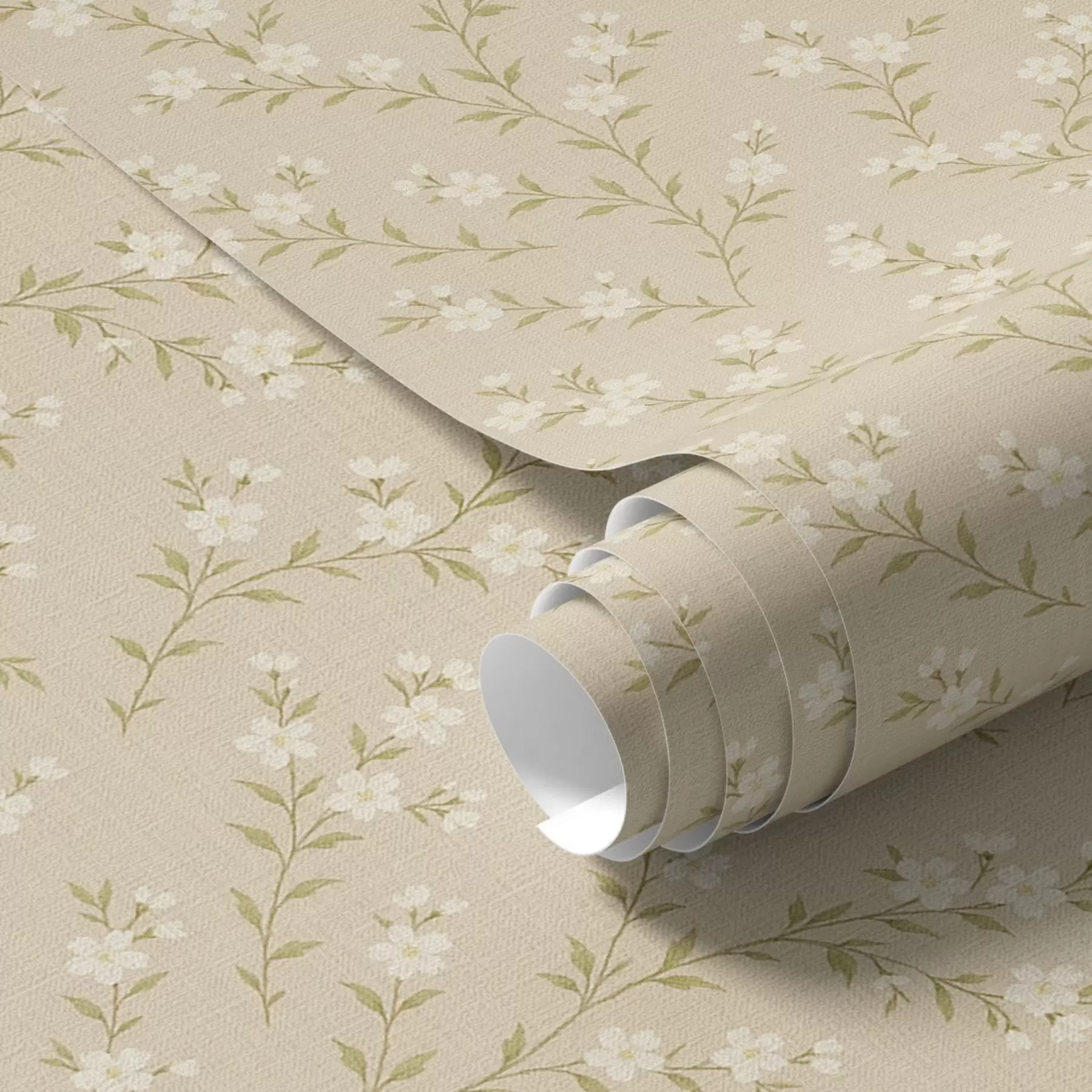 wall murals Small white sprigs on a beige linen background a00584