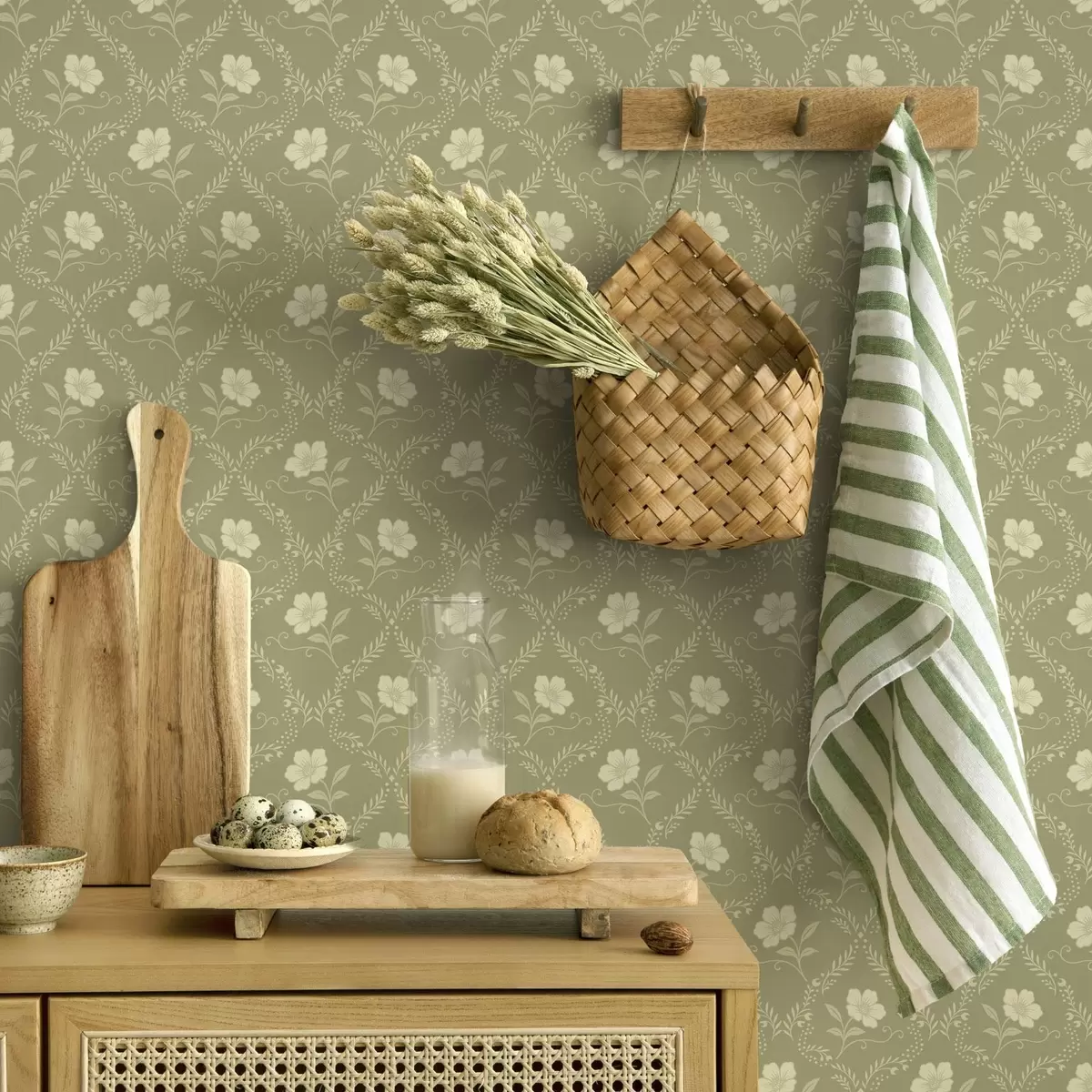 Wallpaper Olive trellis with cream flowers, retro ornament a00585