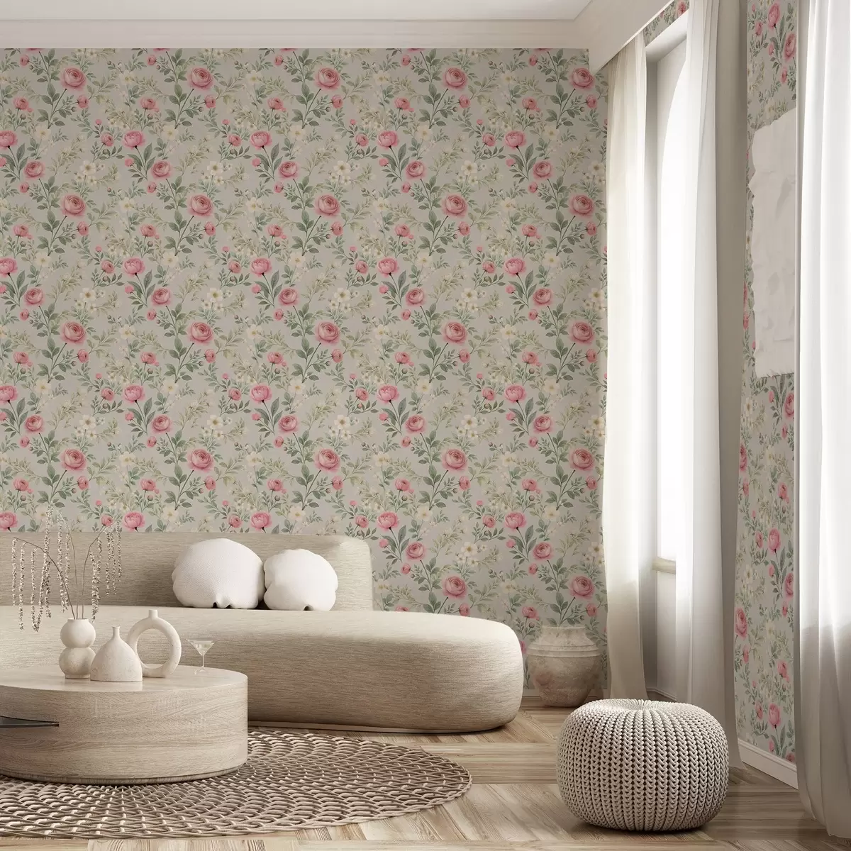 Wallpaper Watercolor peonies and white flowers on gray-beige a00592