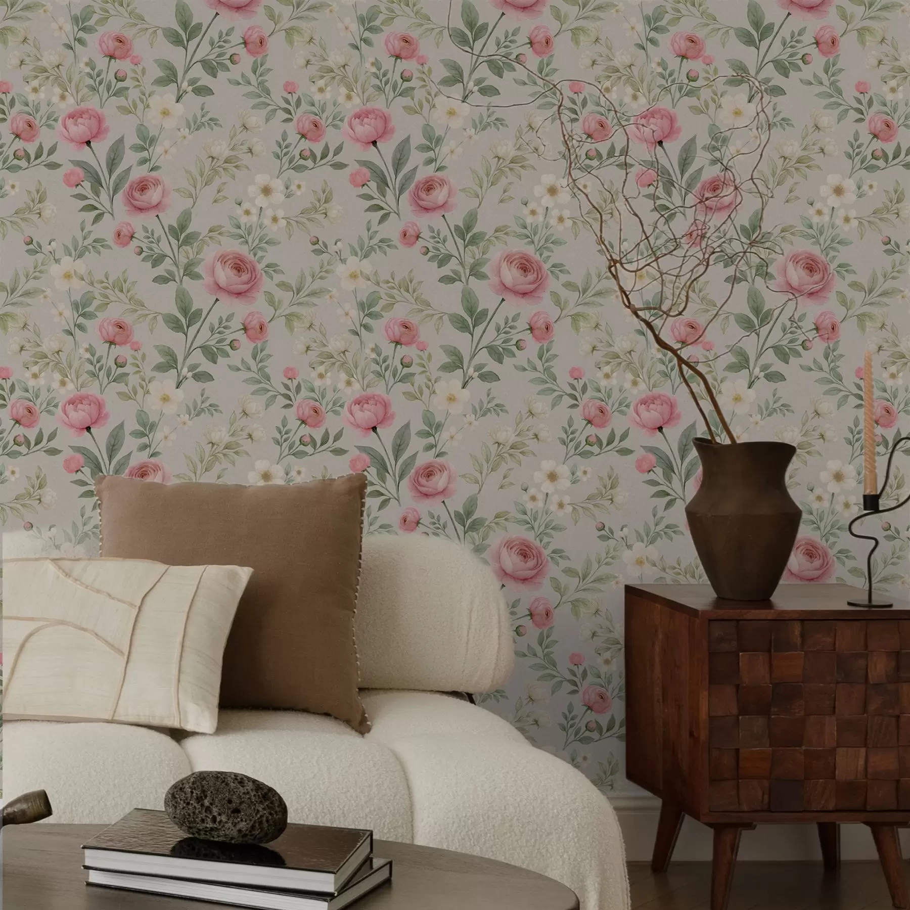 wall murals Watercolor peonies and white flowers on gray-beige a00592