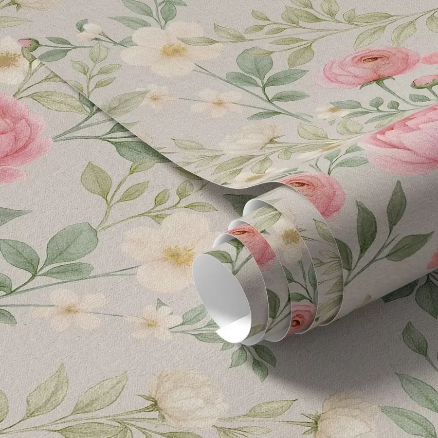 wall murals Watercolor peonies and white flowers on gray-beige a00592