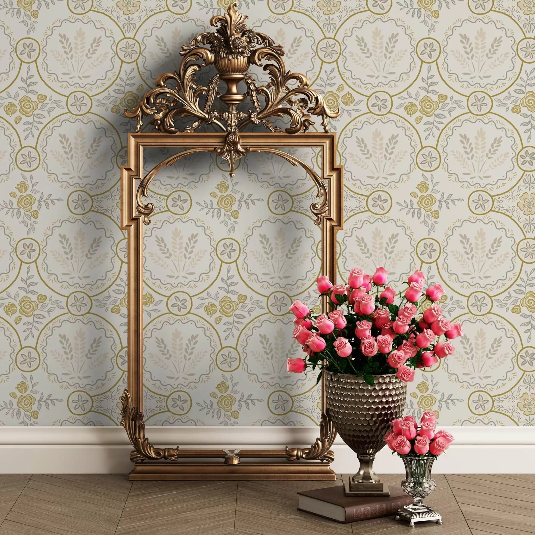 wall murals Retro ornament with wheat and roses a00595