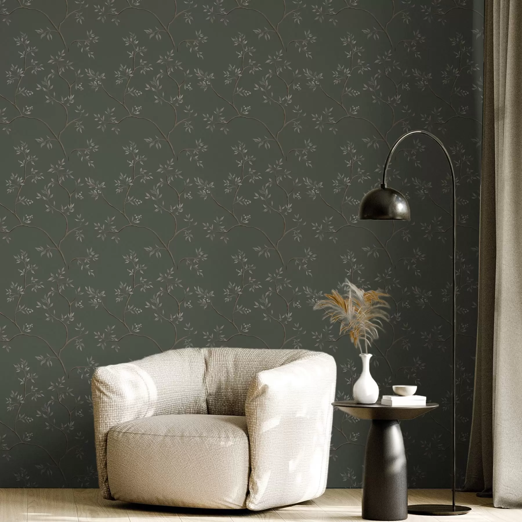 wall murals Delicate leafy branches on a dark green background a00597