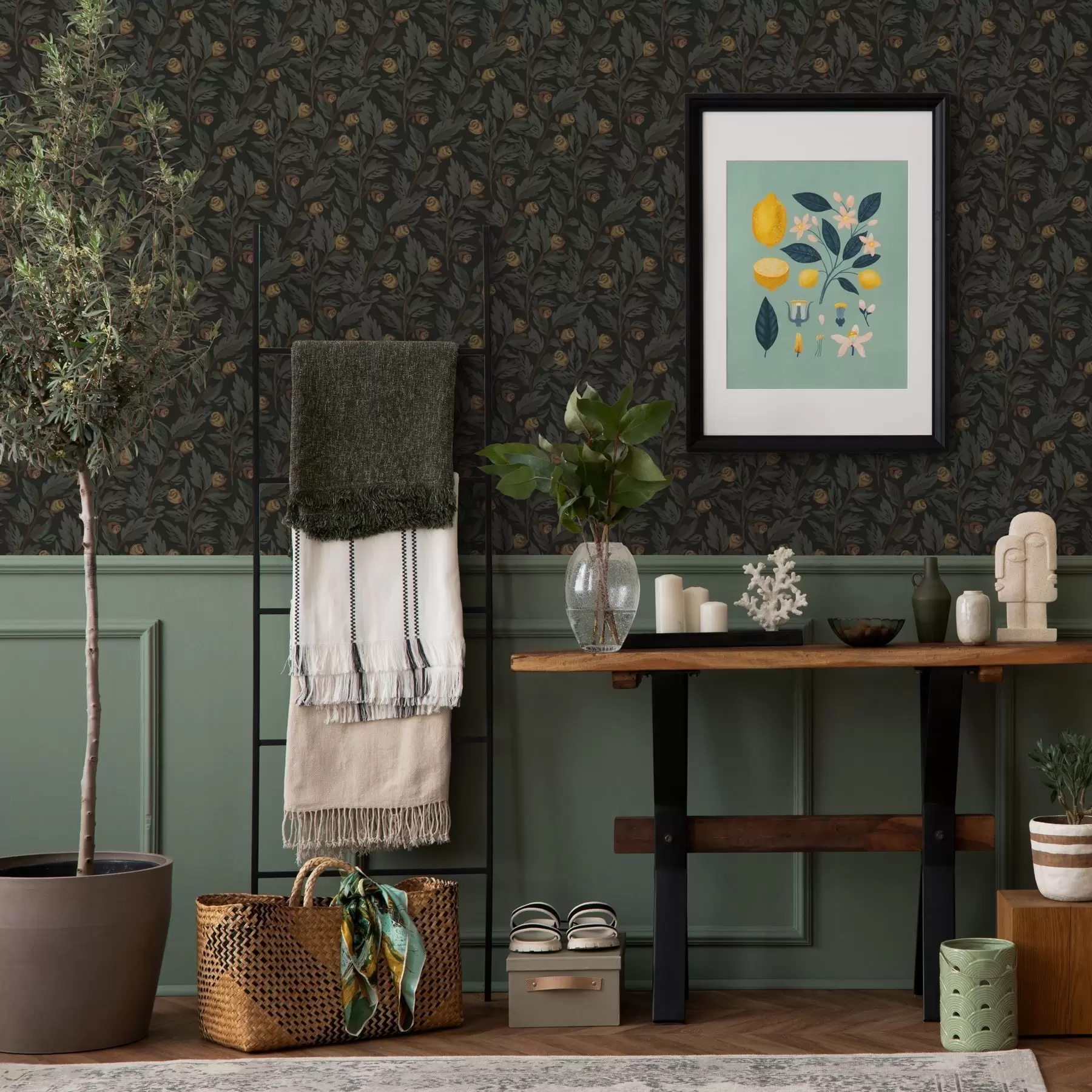 wall murals Dark floral pattern with yellow buds and leaves a00598