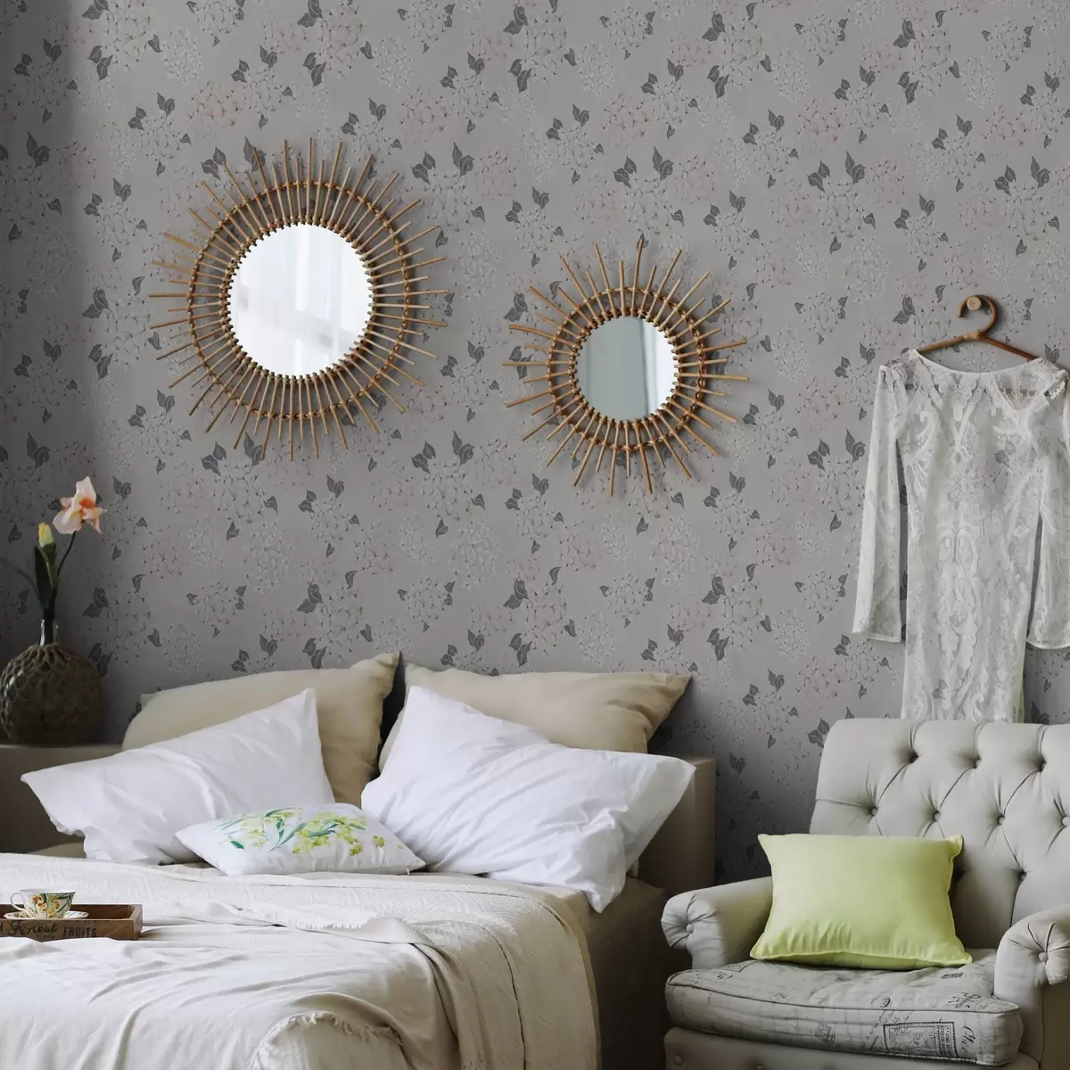 Wallpaper Airy blossoms on a light background, soft pink-gray tones a00600