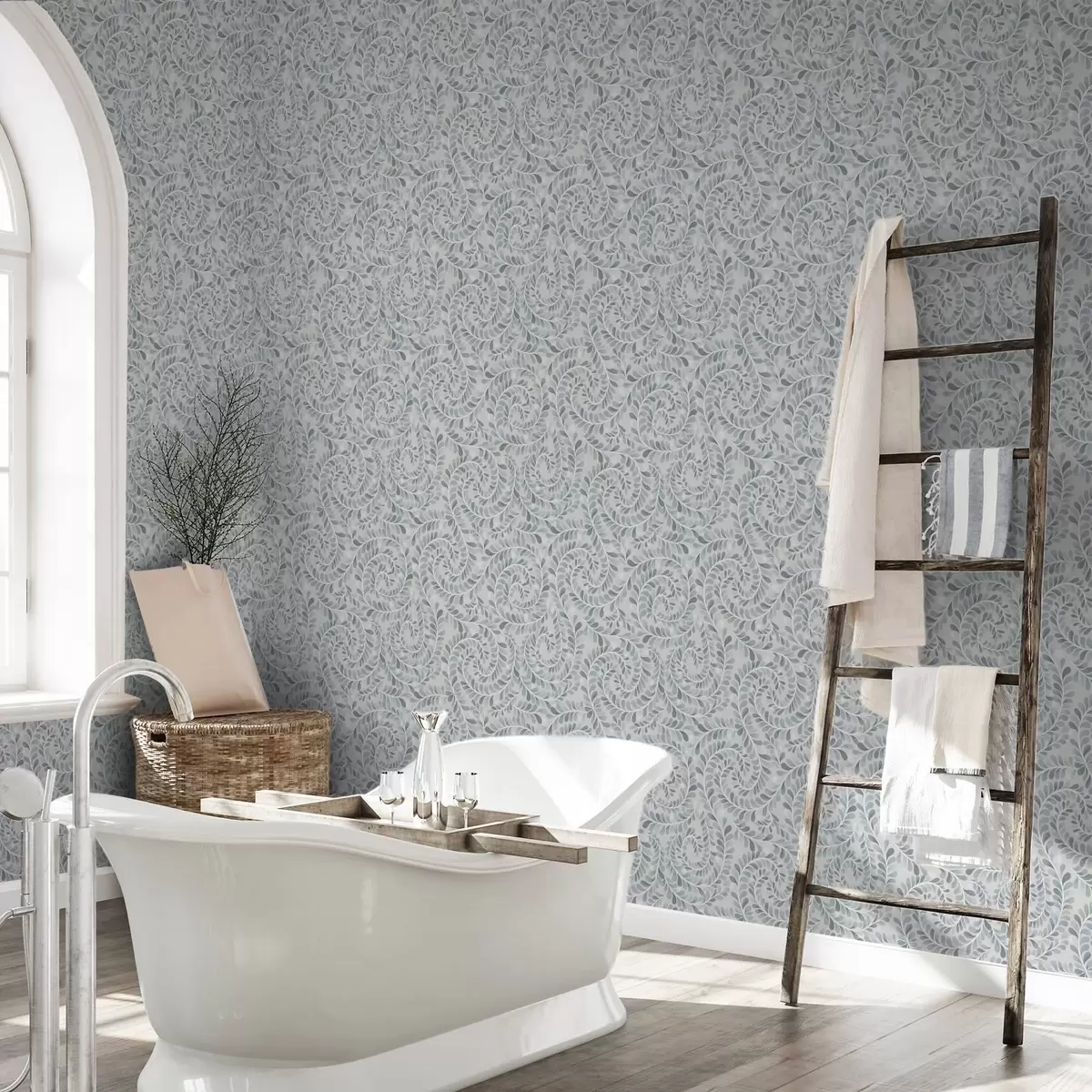 Wallpaper Spiral leaves in a blue-gray-green palette a00602