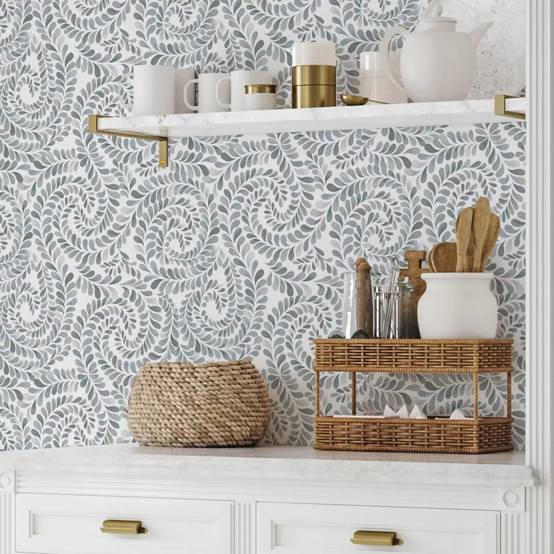 wall murals Leafy spirals in cool gray-blue tones a00602v1