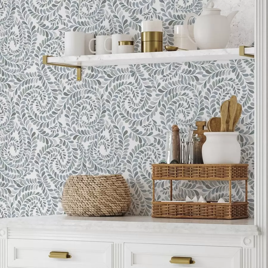 wall murals Leafy spirals in cool gray-blue tones a00602v1