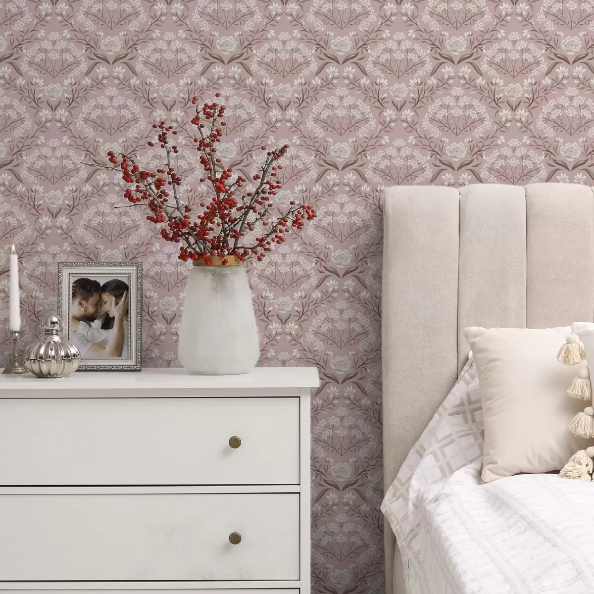 Wallpaper Pink damask: peonies, snowdrops and lacy clusters a00603