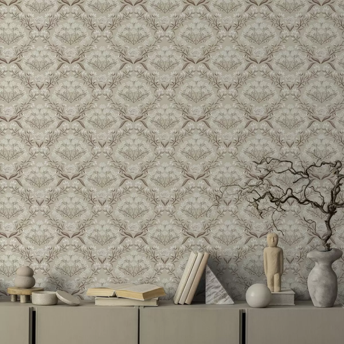 Wallpaper Beige damask: peonies, snowdrops and lacy clusters a00603v1