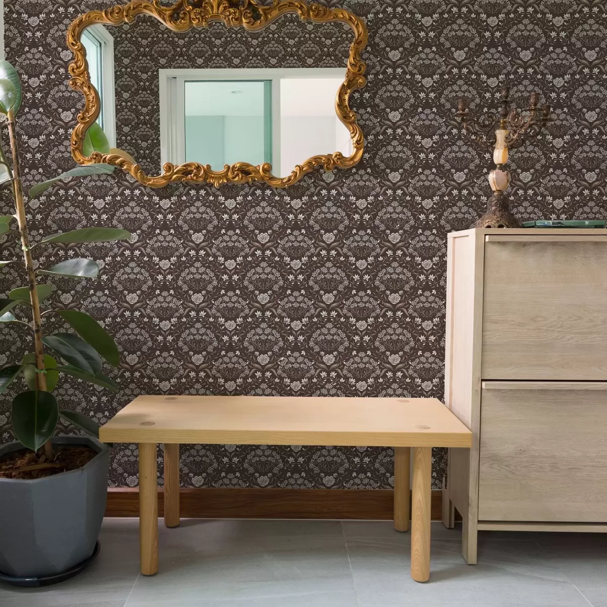 Wallpaper Dark chocolate damask with peonies and snowdrops a00603v2