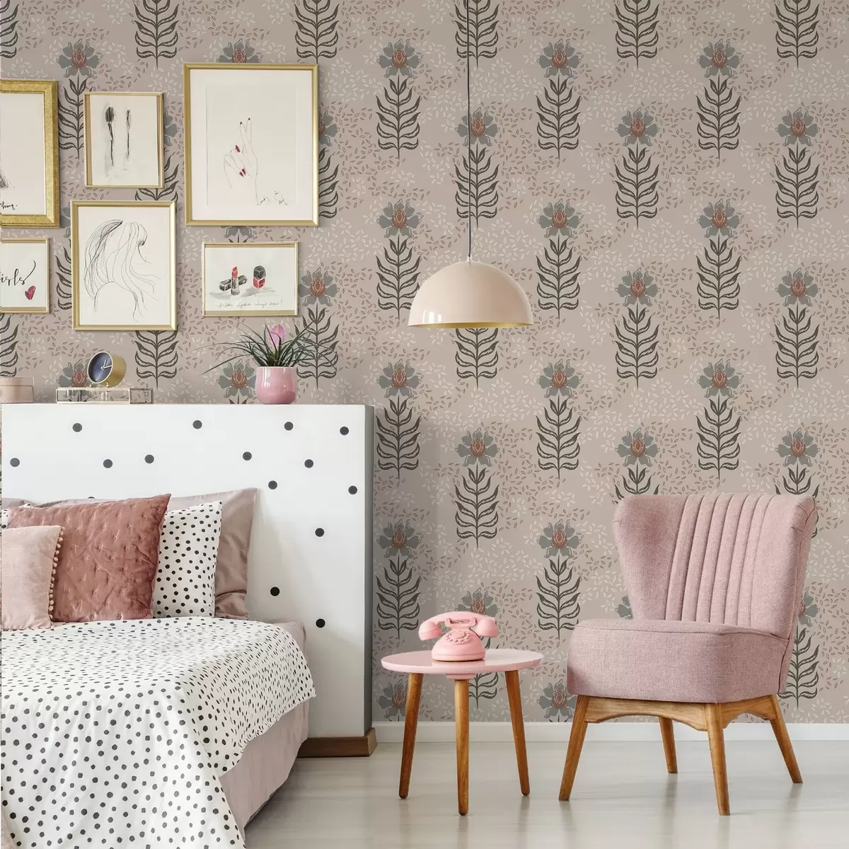 Wallpaper Stylized flowers and seeds on warm beige a00604