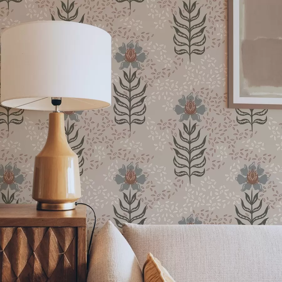 wall murals Stylized flowers and seeds on warm beige a00604