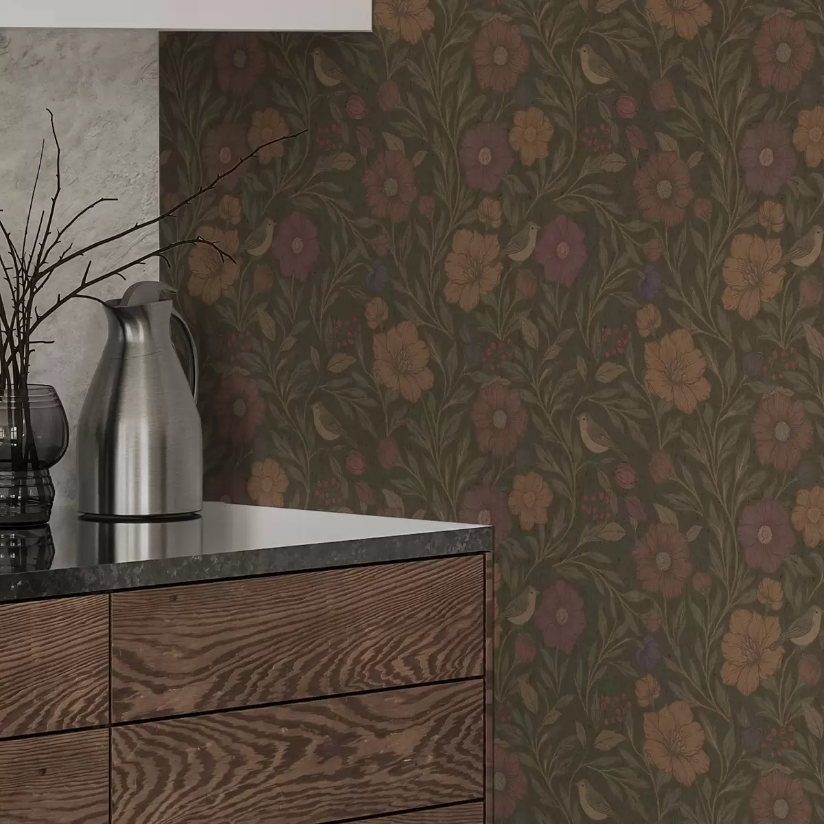 Wallpaper Autumn flowers and birds on olive-brown background a00605