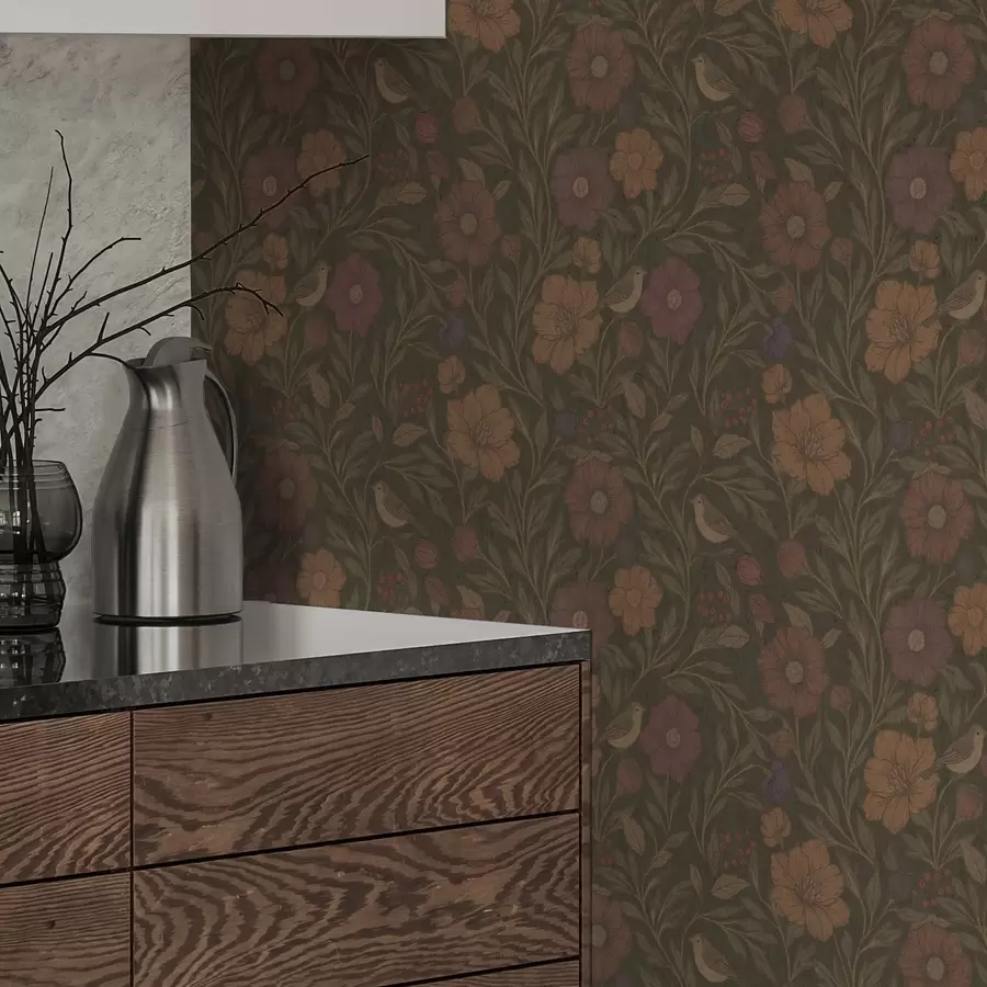 wall murals Autumn flowers and birds on olive-brown background a00605