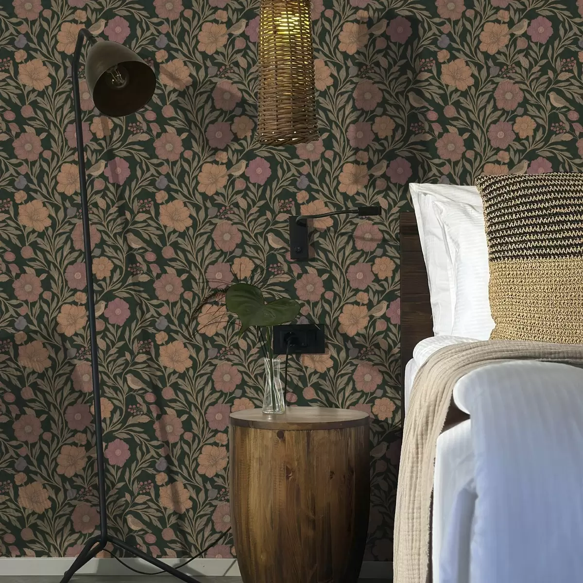 Wallpaper Autumn flowers and birds on deep emerald background a00605v1