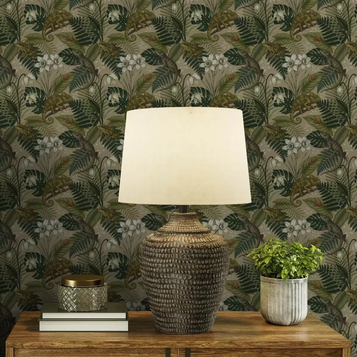 Wallpaper Chameleons and tropical leaves, white flowers, beige ground a00608