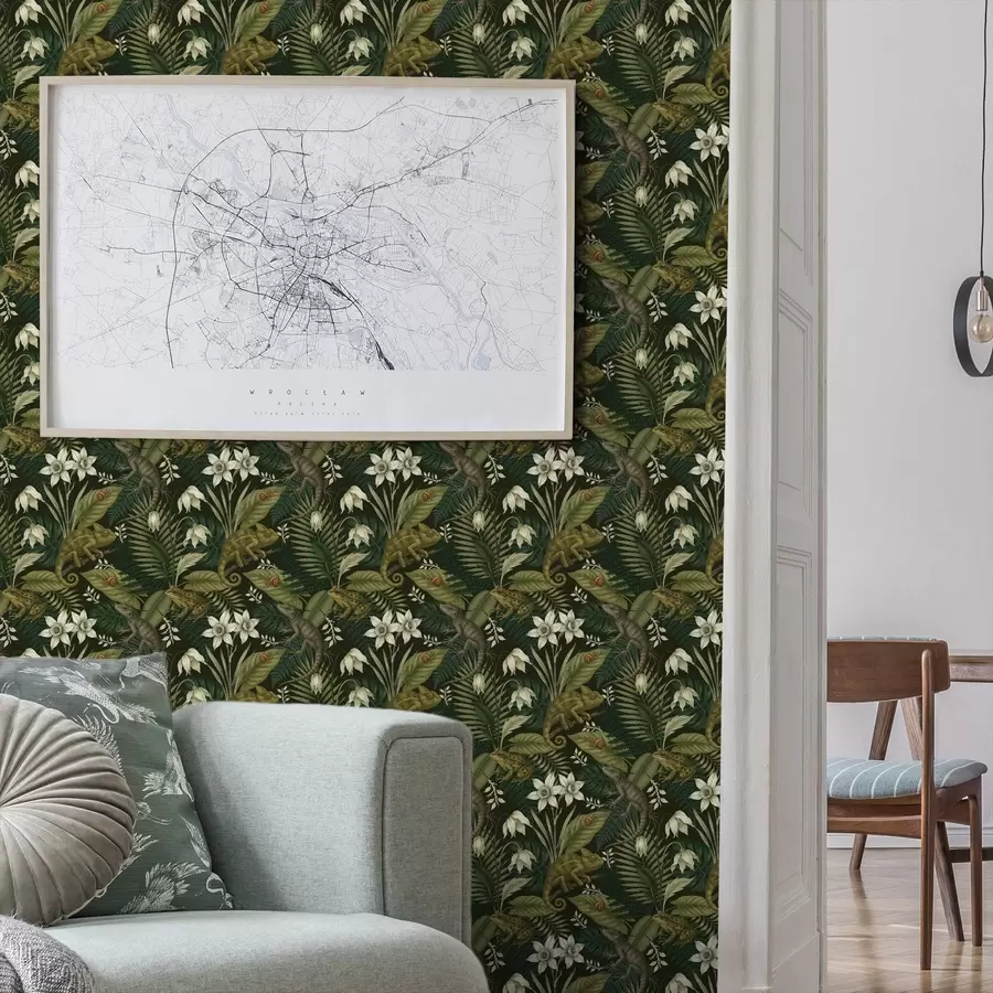 wall murals Chameleons and tropical leaves, white flowers, dark ground a00608v1