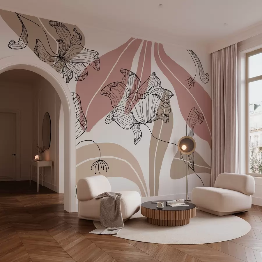 wall murals abstract leaves and flowers in powdery and beige tones w04499