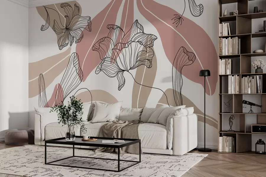 wall murals abstract leaves and flowers in powdery and beige tones w04499