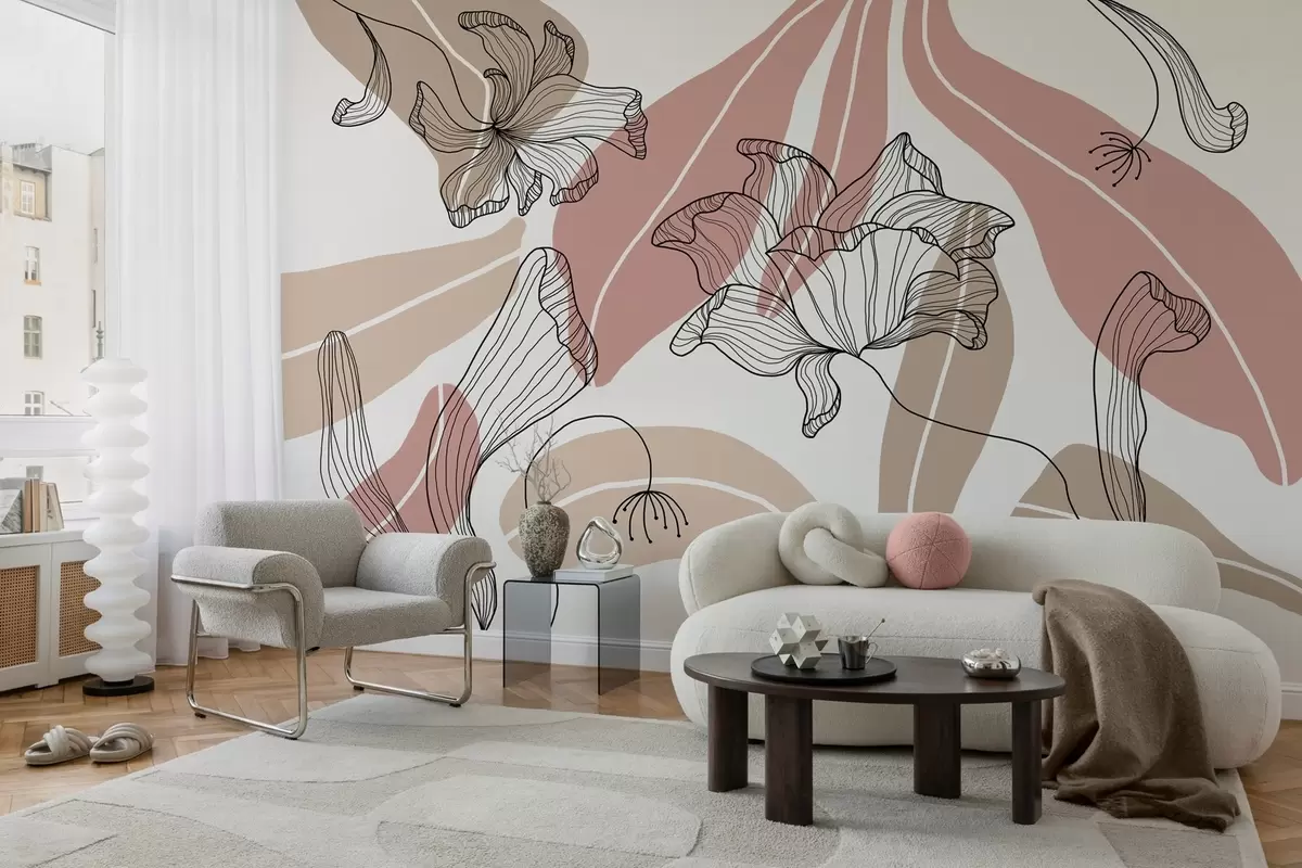 wall murals abstract leaves and flowers in powdery and beige tones w04499