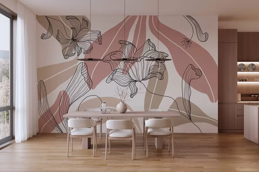 wall murals abstract leaves and flowers in powdery and beige tones w04499