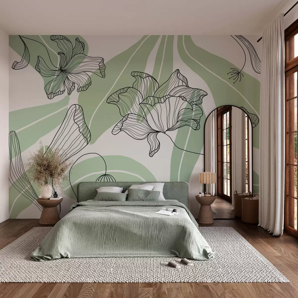 wall murals abstract leaves and flowers in green tones w04499v1