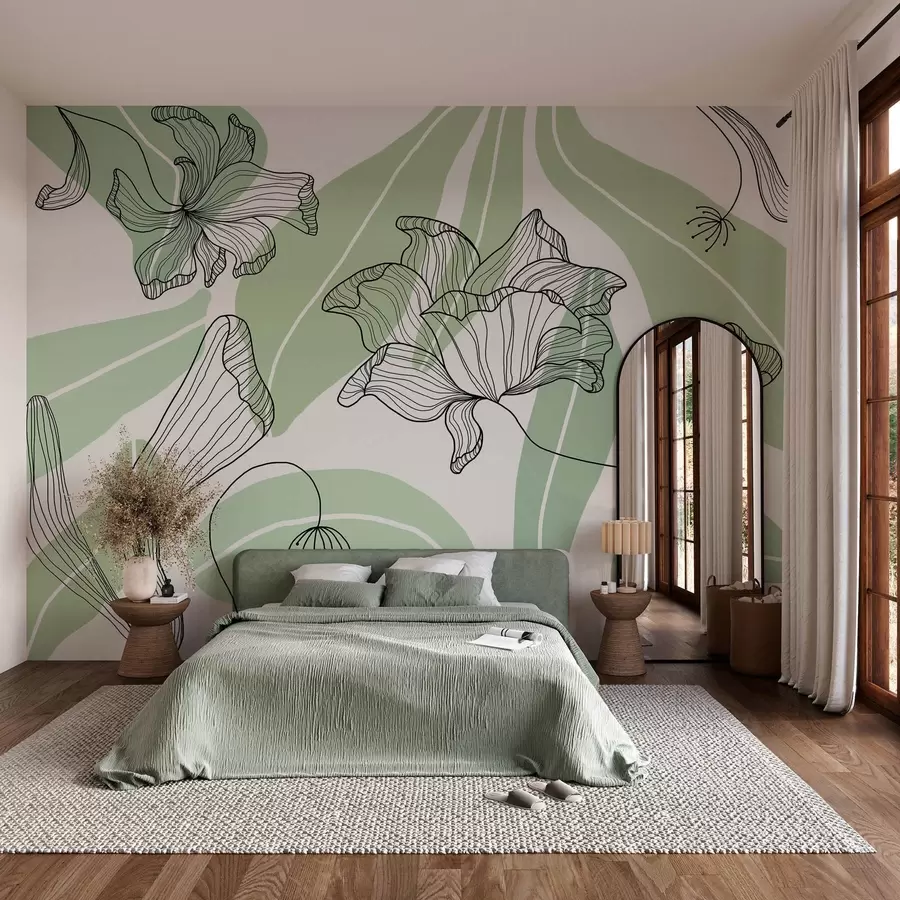 wall murals abstract leaves and flowers in green tones w04499v1
