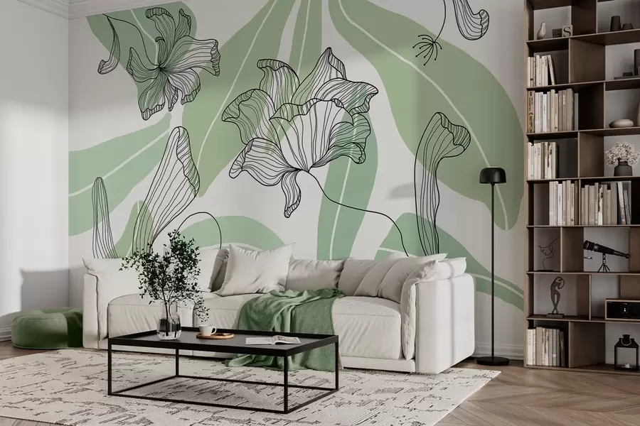 wall murals abstract leaves and flowers in green tones w04499v1