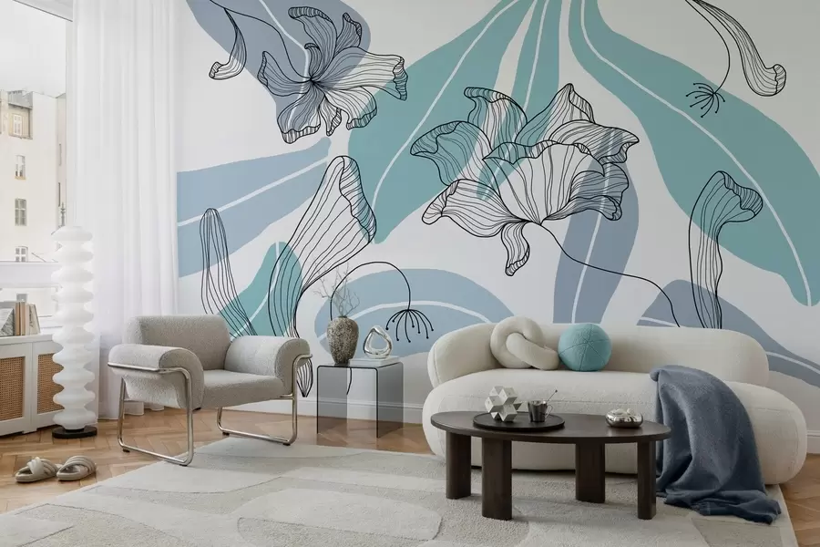 wall murals abstract leaves and flowers in blue tones w04499v2